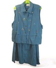 Lagenlook Jean Skirt Set Woman Large Blue Denim Floral Embroidered Vtg 80s 90s