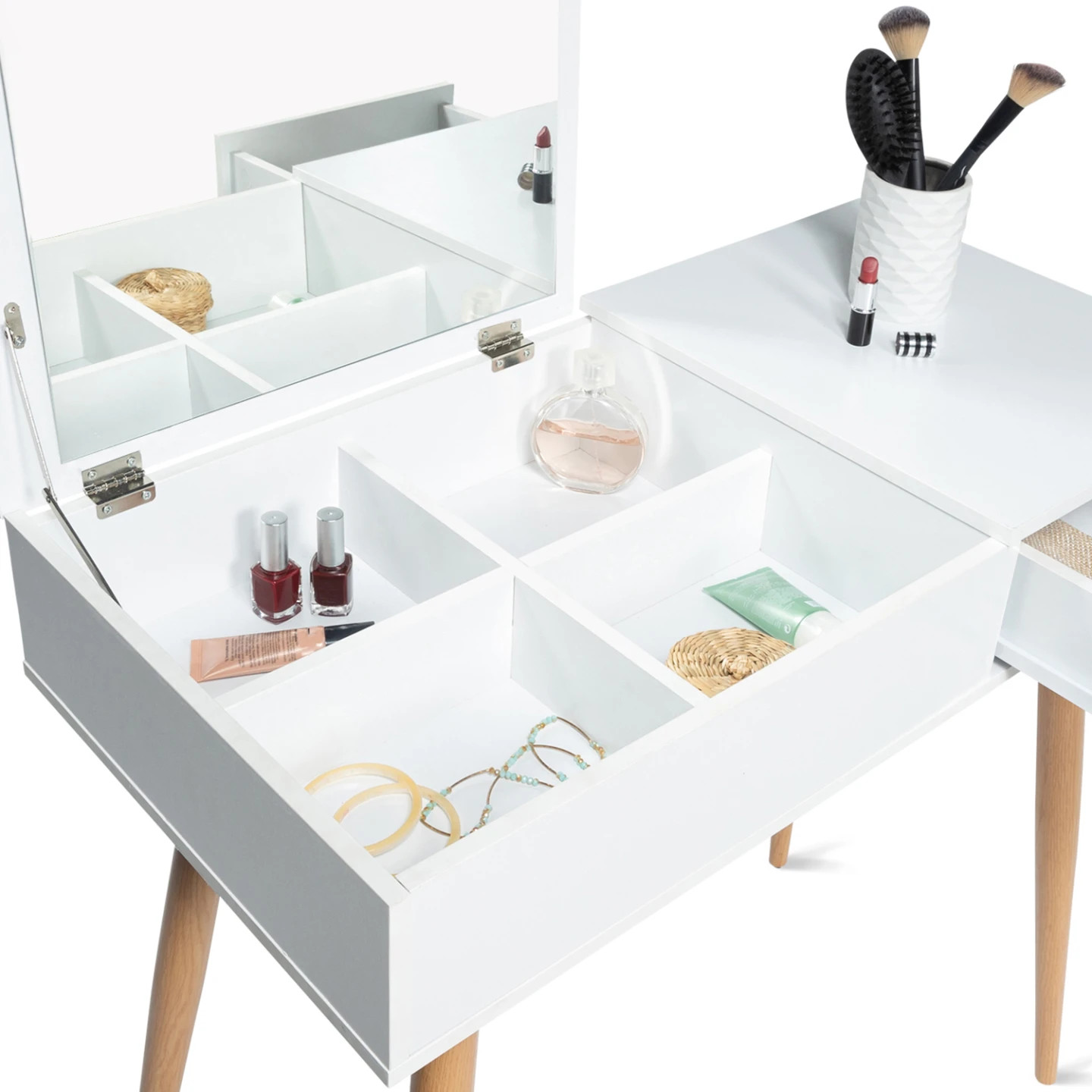 Coiffeuse scandinave LISA miroir rabattable blanche petit espace rangement intégré