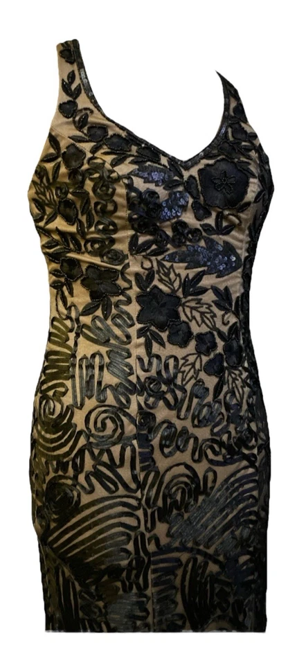 Vestido de noche vintage Sue Wong sin mangas negro y tostado encaje detalles con cuentas talla 2 Foto 4 de 4