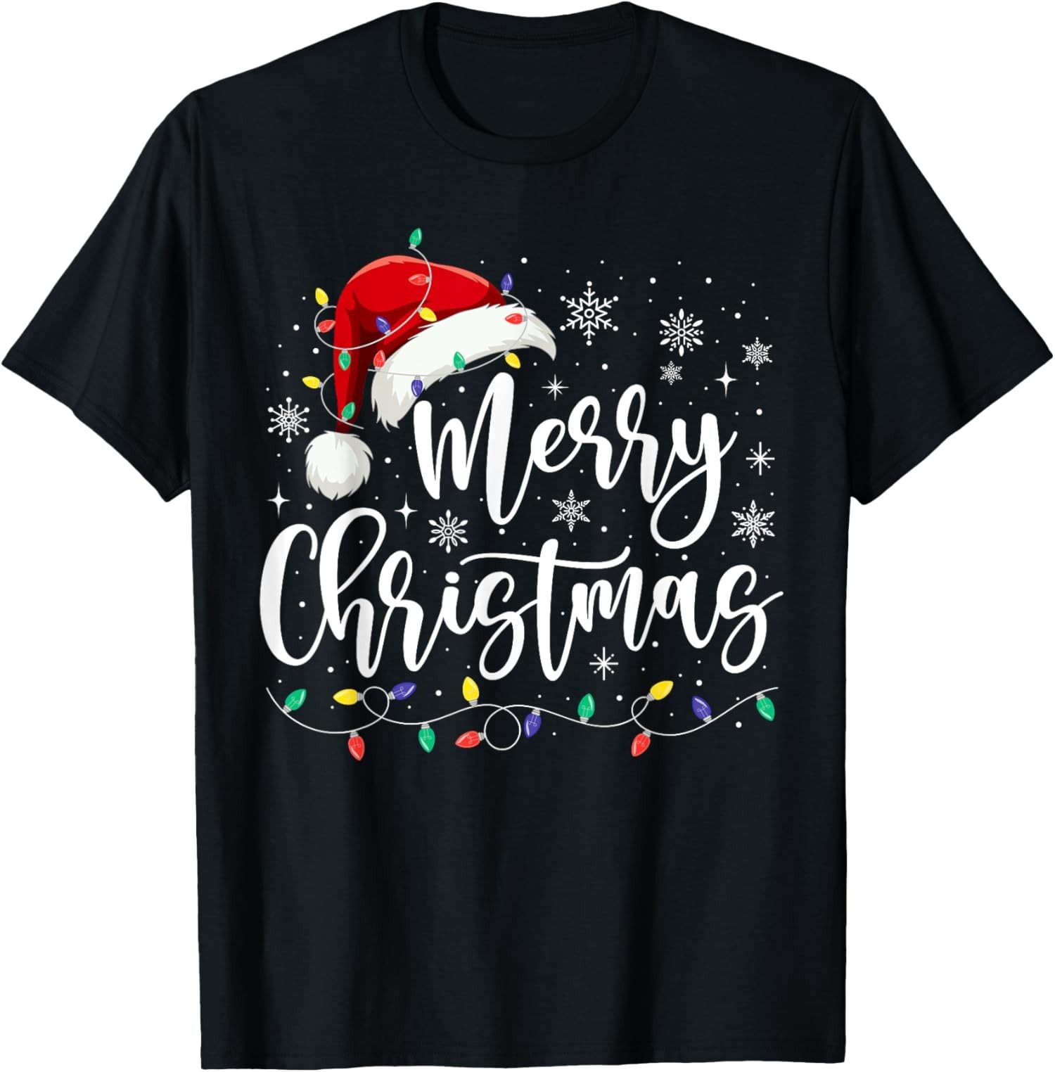 Merry Christmas Lights Red Santa Hat Xmas Family Unisex T-Shirt