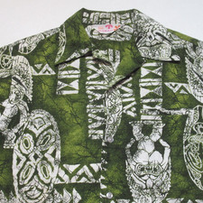 Vintage 60s 70s Sears Hawaiian Button Shirt Barkcloth Tiki Print Green Medium