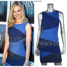 BCBG BCBGMAXAZRIA DRESS COLORBLOCK RUCHED PLEATED BLUE sz XS