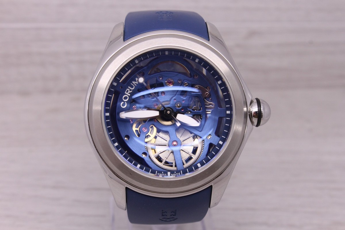Corum Bubble Blue Skeleton Mens 47mm Steel Automatic Watch w/ Box