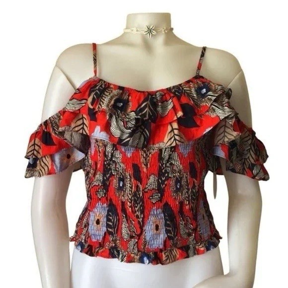 Milk & Honey Red Floral Tropical Off Shoulder Crop Top Stretch Women’s Medium