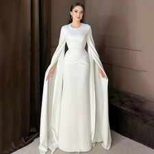 Muslim Mermaid Wedding Dresses Pleated Satin Arabic Bridal Gown Women's Cape