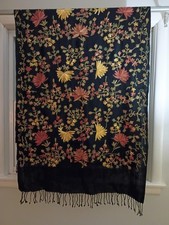 Shawl Crewel Embroidery Black Wool Colorful, Kashmir Embroidered Pashmina Scarf