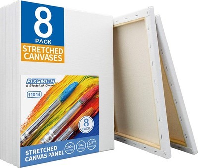 FIXSMITH Stretched Canvas 11x14 Inch 8 Pack White Blank Primed 100% Cotton Artis