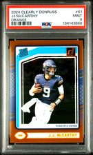 2024 Panini Clearly Donruss Rookie J.J. McCarthy #61 Orange /199 (RC) PSA 9!