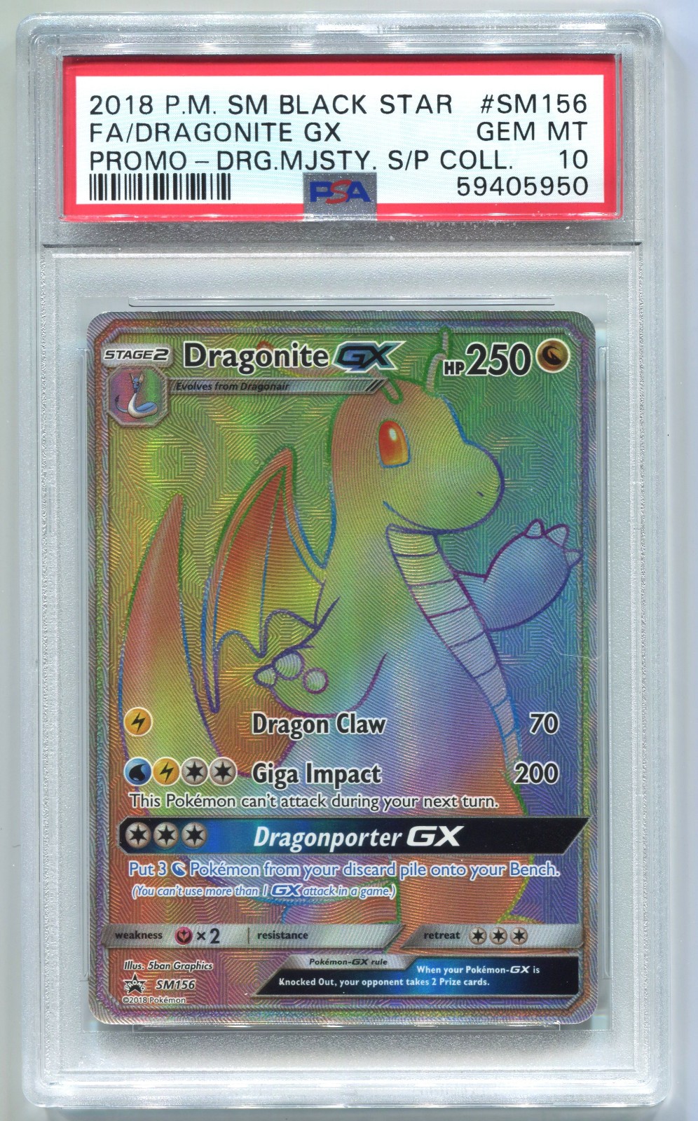 2018 POKEMON SM BLACK STAR PROMO #SM156 FULL ART/DRAGONITE GX PSA 10