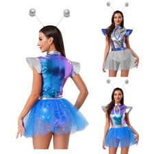 Women Costume Metallic Set Spaced Dress Mesh Cosplay Dancewear Dress Up Party