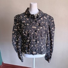 Cropped Raw Hem Black & Cream Floral Denim Jacket Sz. Large, Button Up Front 