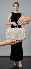 Ivory Silver Satin Beaded Clutch Bag w/ Pearl Rhinestone Ring Clasp H