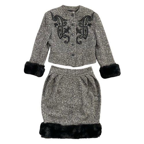 Byblos, BYBLOS Vintage 1990s Grey Wool/Faux Fur Two Piece Jacket And Skirt Suit UK 10/12