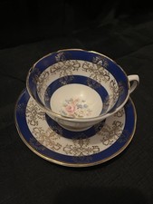 Royal Grafton Bone China Tea Cup And Saucer Gold Cobalt Blue Gilt Floral