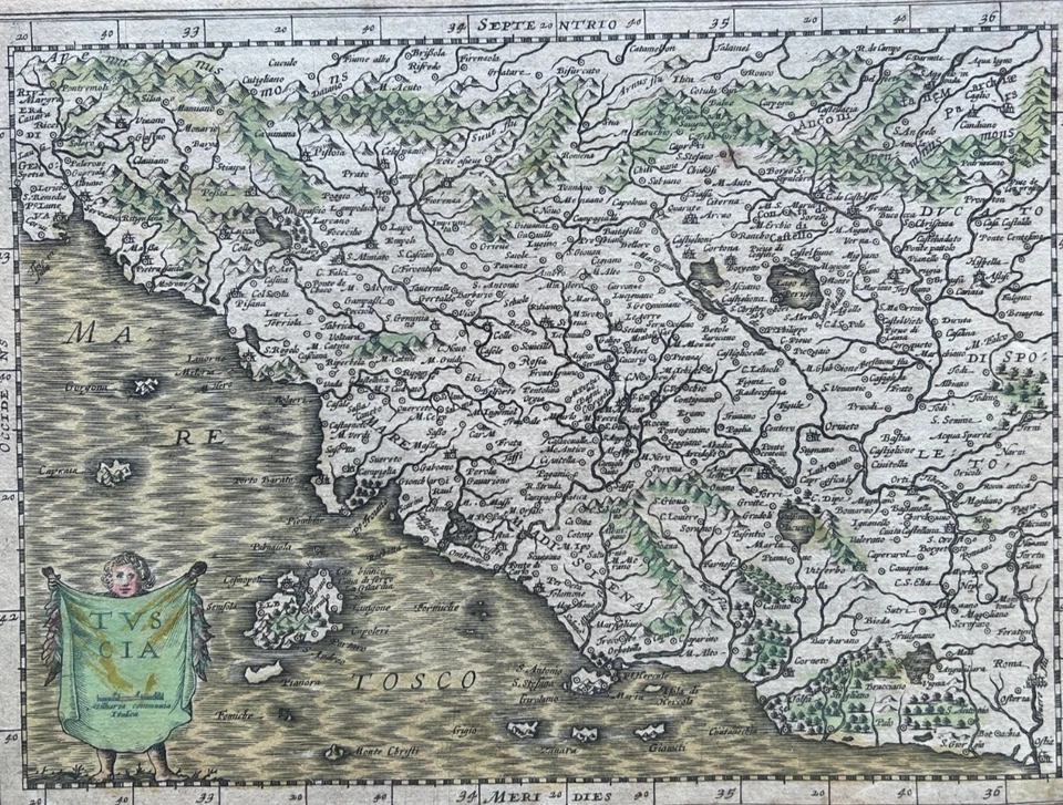 Antica mappa della Toscana di Mercator 1633, incisione originale - Immagine 2 di 4