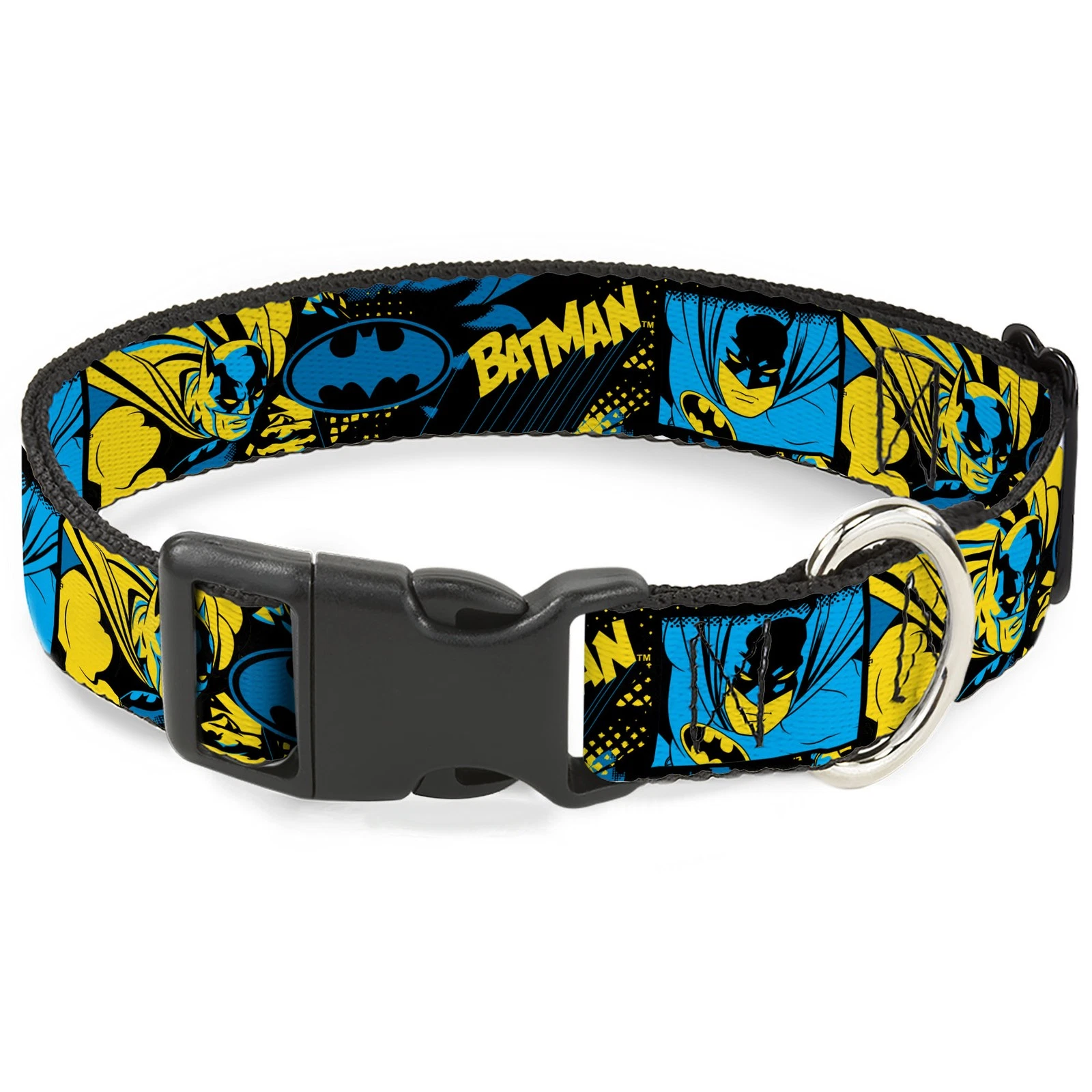 Plastic Clip Collar BATMAN Poses and Logo Collage Black/Blue/Yellow Large 15-24"
