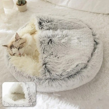 Warm Plush Pet Bed Hooded Cat Cave Soft Cushion for Winter Sleeping