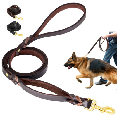 Real Genuine Leather Dog Leads Dual Handle Traffic Leash for