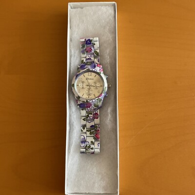 NEW GENEVA WHITE,PINK,GREEN,BLUE FLORAL,CHRONOGRAPH BRACELET WATCH