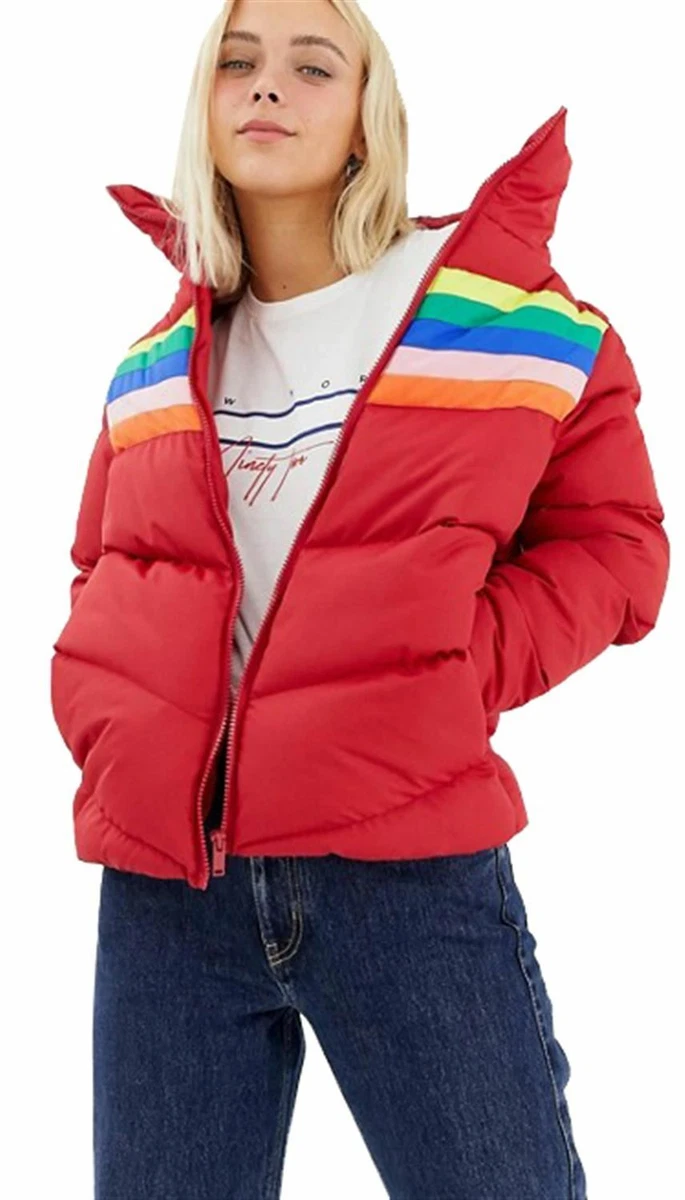 New Womens Rainbow Stripe Design Insert Padded Jacket Coat UK 8 16