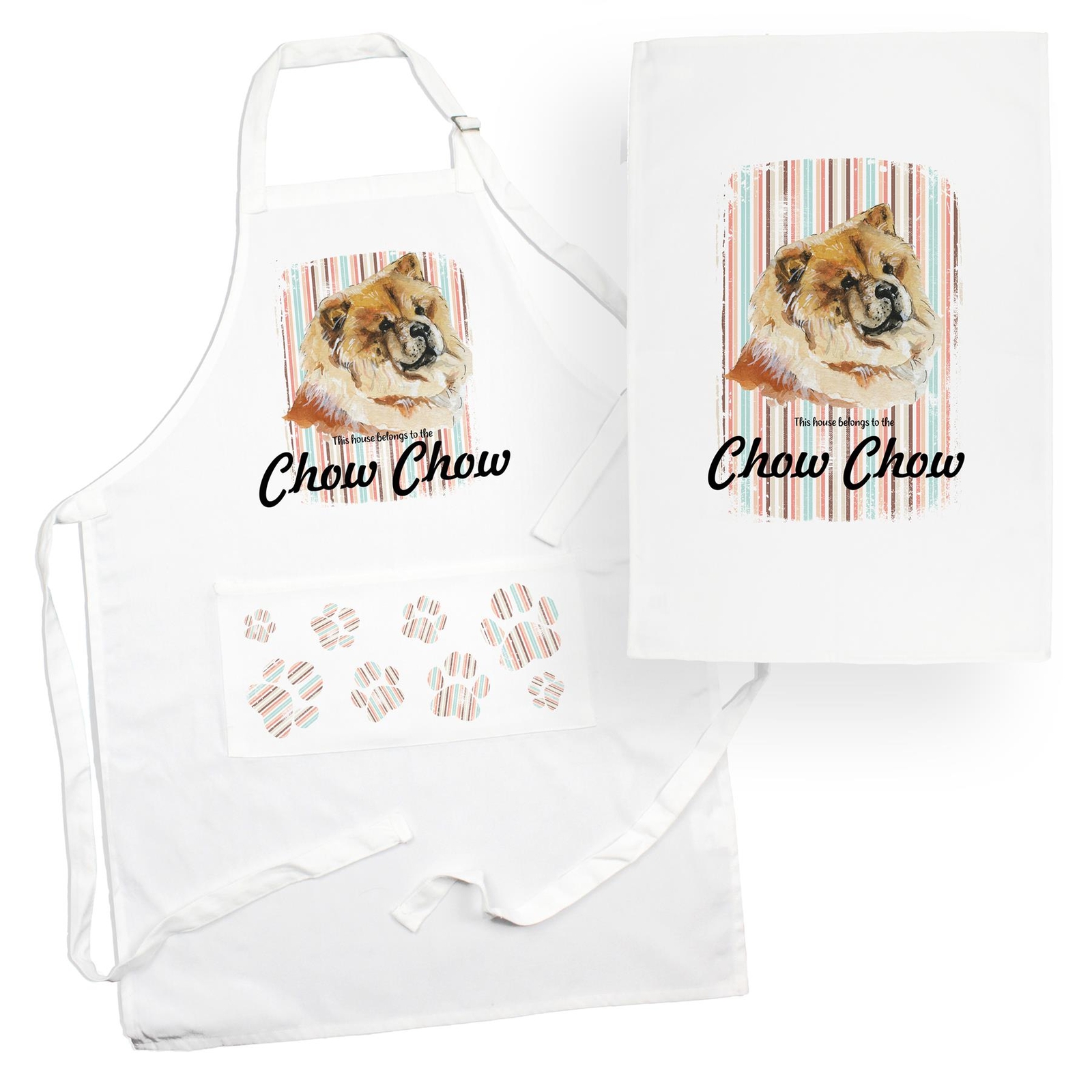 Chow Chow Tea Towel & Apron Set - Dogs & Paw Prints Kitchen Linens Gifts