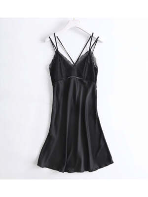Women's Sleepwear Sexy Silky Black Lace-Trim Slip Sleep Dress Lingerie  Pajamas | eBay