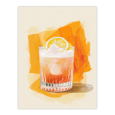 Whiskey Sour Cocktail Fruit Slice Bar Watercolour Wall Art Poster Print
