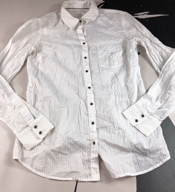 Banana Republic White Black Striped Button Front Shirt Back Ruffle Hem Small | eBay
