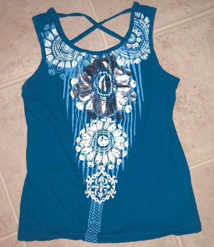 Girls 10/12 Aqua Blue Arizona Sleeveless Tank Cross Back Silver White Flowers