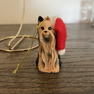 Longhaired Yorkshire Terrier Ornament w/Santa Hat, 3'' Resin Handpainted