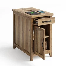 Farmhouse End Table with Charging Station, Narrow Side Table for Living Room,...