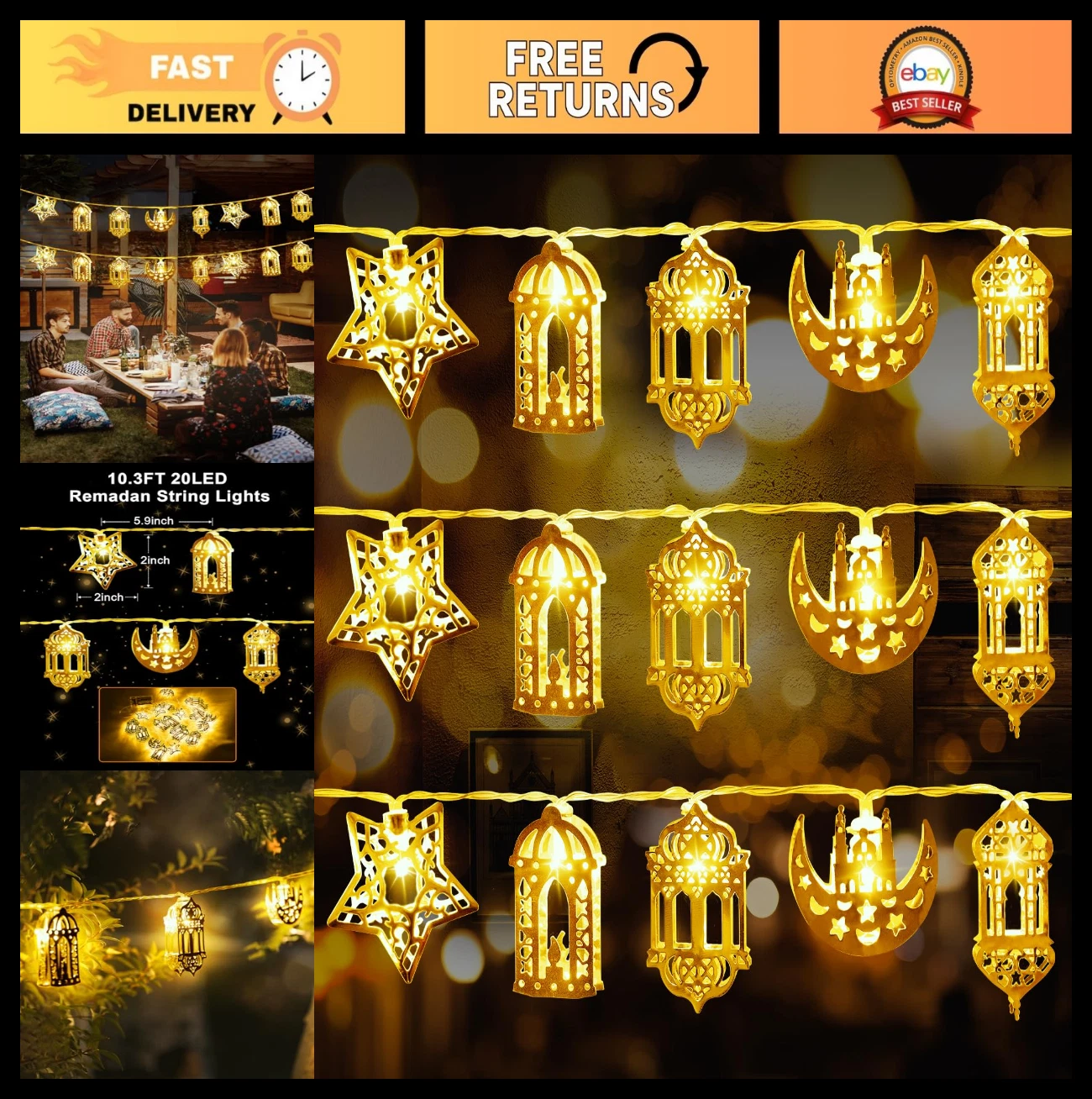 Ramadan String Lights 10.3ft, 20 LED Battery Operated Moon & Star Decor, Eid Lan