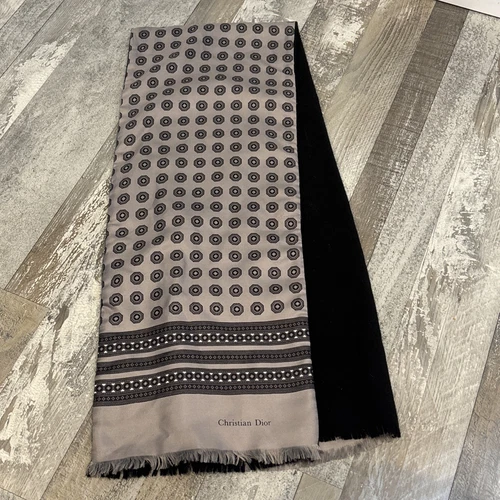 FOULARD VINTAGE CHRISTIAN DIOR GRIS NOIR LAINE DE SOIE LOGO RARE