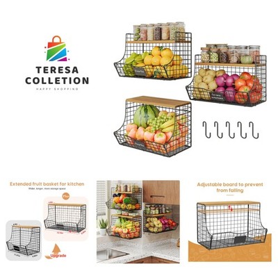 3 Pack Extra Large Metal Fruit Baskets with Wood Lid for Stylish Kitchen Storage