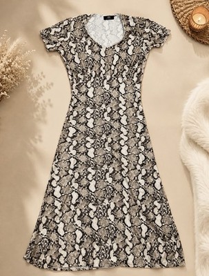 Kleid Kirschzeit xs Schlange beige schwarz V-Ausschnitt knielang Kurzarm
