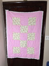 VTG Handcrafted Baby Crib Quilt Nursery Pink Large Check Pom Pom 35x38 READ