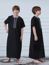 Saudi Short Sleeve Abaya Long Robes Boys Thoub Thobe Kaftan Islamic Summer Kids