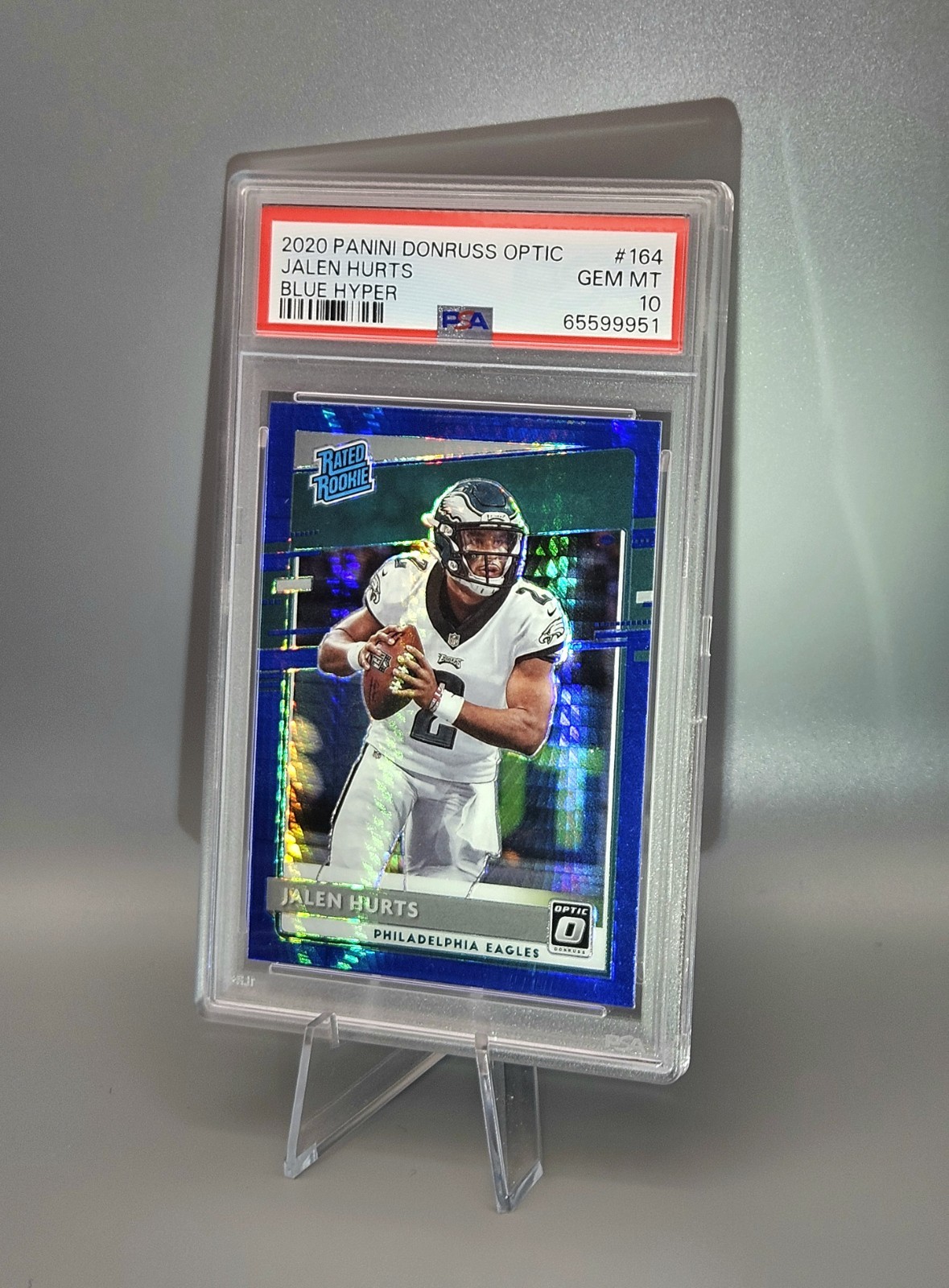 PSA 10 GEM (RC) Jalen Hurts Blue Hyper Rated Rookies Prizm 2020 Donruss Optic 🔥 view 2