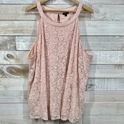 #ad Torrid Halter Top 5X Pink Floral Lace High Neck Lined Key Hole Sleeveless $23.88