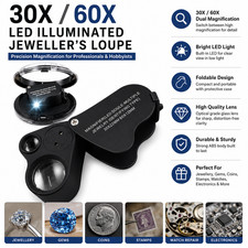 30X 60X LED Illuminated Jewellers Loupe Foldable Magnifier Glass for Coins Gems