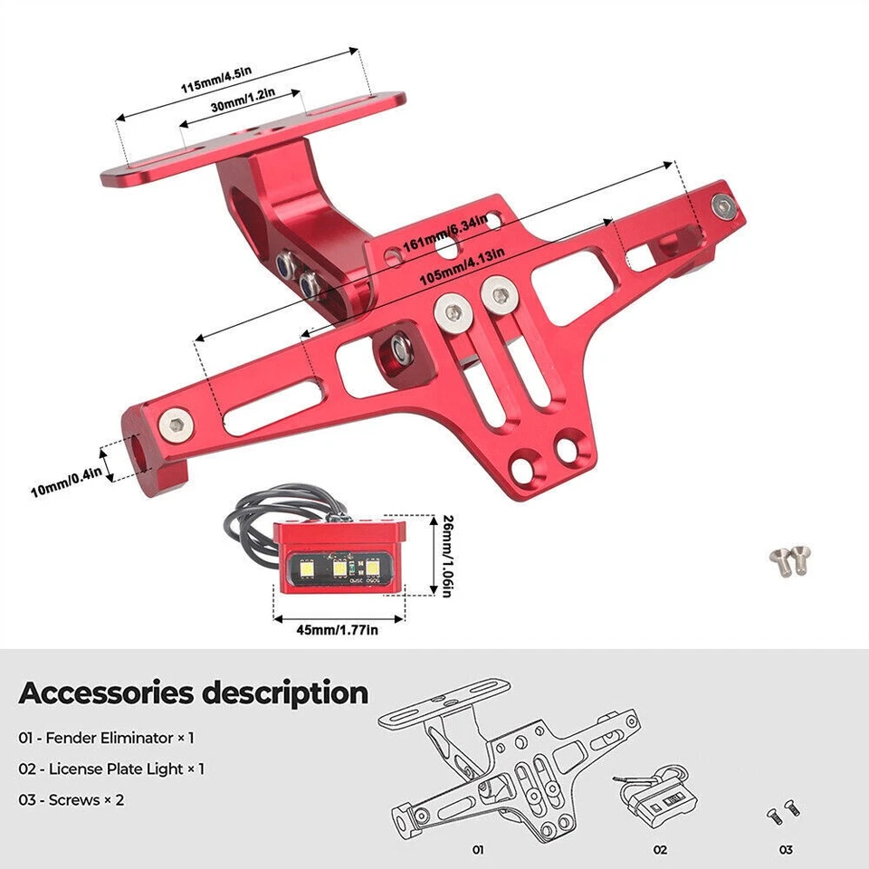 Eliminador de guardabarros con luz LED para soporte de matrícula ordenado cola de motocicleta rojo Foto 3 de 4