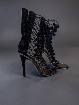 Mia Limited Edition MLE Women 8.5 Caged Black Cow Suede Stiletto Heels Nefertiti