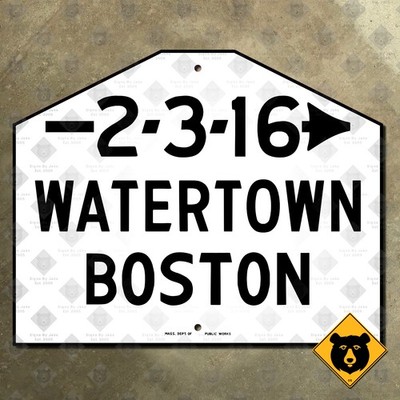 Watertown Boston Massachusetts highway 2-3-16 marker road sign 1949 12x9
