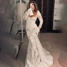 Lace Mermaid Wedding Dresses Long Sleeves Square Neck Appliques Bride Gowns