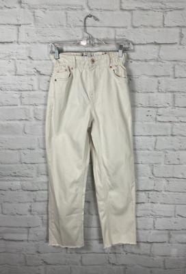 Bershka Womens High Rise Cream Straight Jeans Size 2 Raw Hem