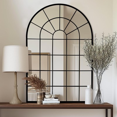 Arched Window Metal Mirror, Black Large Rustic Windowpane Wall Mirror for Dec...