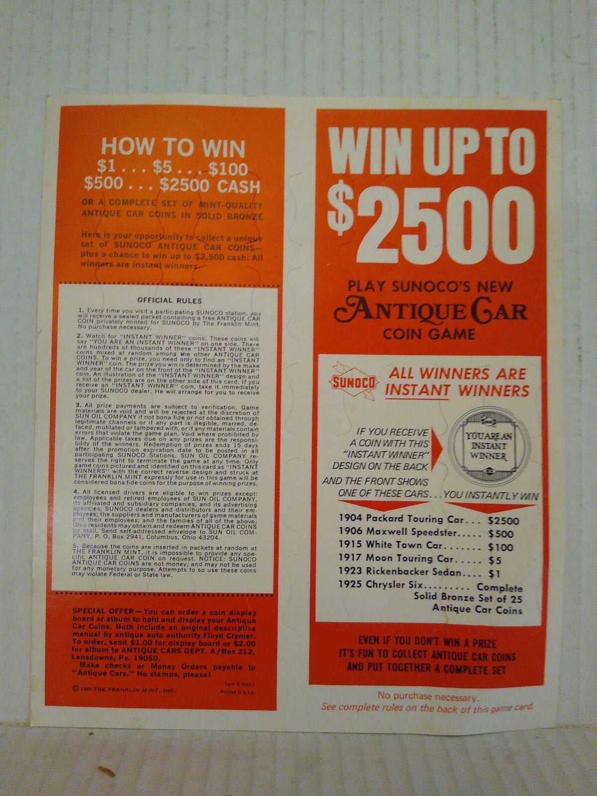 SUNOCO COIN PROMOTIONS Collection of Antique Car Coins Game S- 2