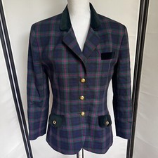 VTG Doncaster Womens 12P Tartan Plaid Wool Blazer Suede Pocket Trim USA Made D7