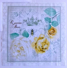 Cotton Fabric Pic B Queen Bee and Flowers Square is 10 1/4" L x 10" W  Cream Bkg