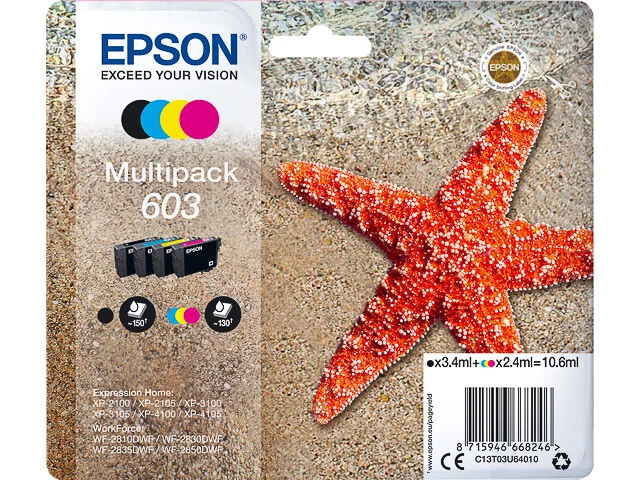PACK 4 CARTOUCHES EPSON 603 NOIRE + CYAN MAGENTA JAUNE / etoile de mer noir bleu - Photo 1/1